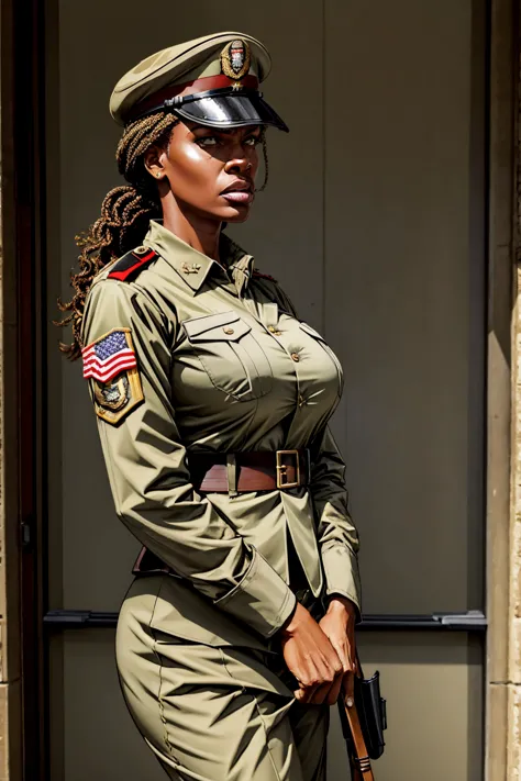 photo of iza woman, dressed as a us army general {military uniform and hat}, on alert, looking angrily at the spectator, in a he...