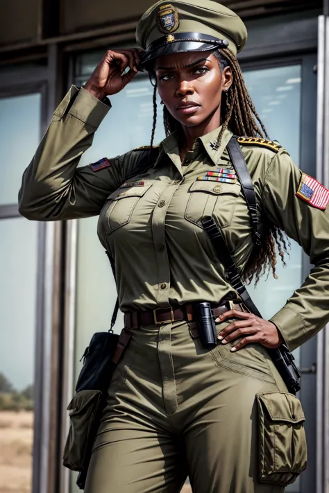 photo of iza woman, dressed as a us army general {military uniform and hat}, on alert, looking angrily at the spectator, in a he...