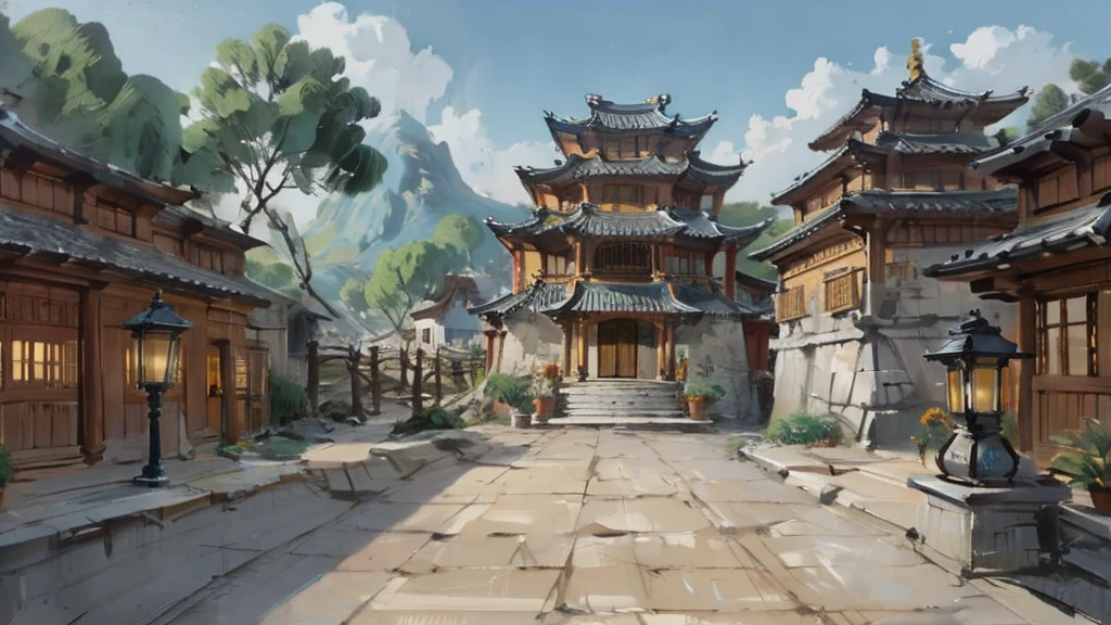 中国Ink画,  masterpiece , best quality, Ink画，Guo Chao，Ink，（Xianxia scene，Fantasy fairyland scene，Pavilions，architecture具有东南亚特色，cloud雾缭绕：1.5），outdoor，Sky，daytime，cloud，Tree，Blue sky，nobody，window，plant，architecture，landscape，lantern，stairs，Potted plants，architecture，东亚architecture，landscape