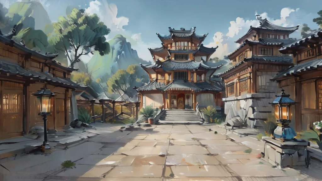 中国Ink画,  masterpiece , best quality, Ink画，Guo Chao，Ink，（Xianxia scene，Fantasy fairyland scene，Pavilions，architecture具有东南亚特色，cloud雾缭绕：1.5），outdoor，Sky，daytime，cloud，Tree，Blue sky，nobody，window，plant，architecture，landscape，lantern，stairs，Potted plants，architecture，东亚architecture，landscape