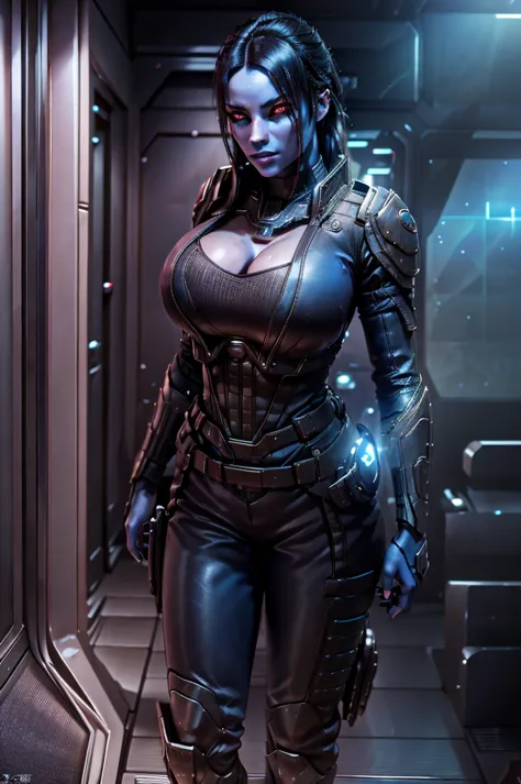 a female chiss with blue skin, black hair, and red eyes, wearing a black jumpsuit, tool belt, in a full body pose, standing next...