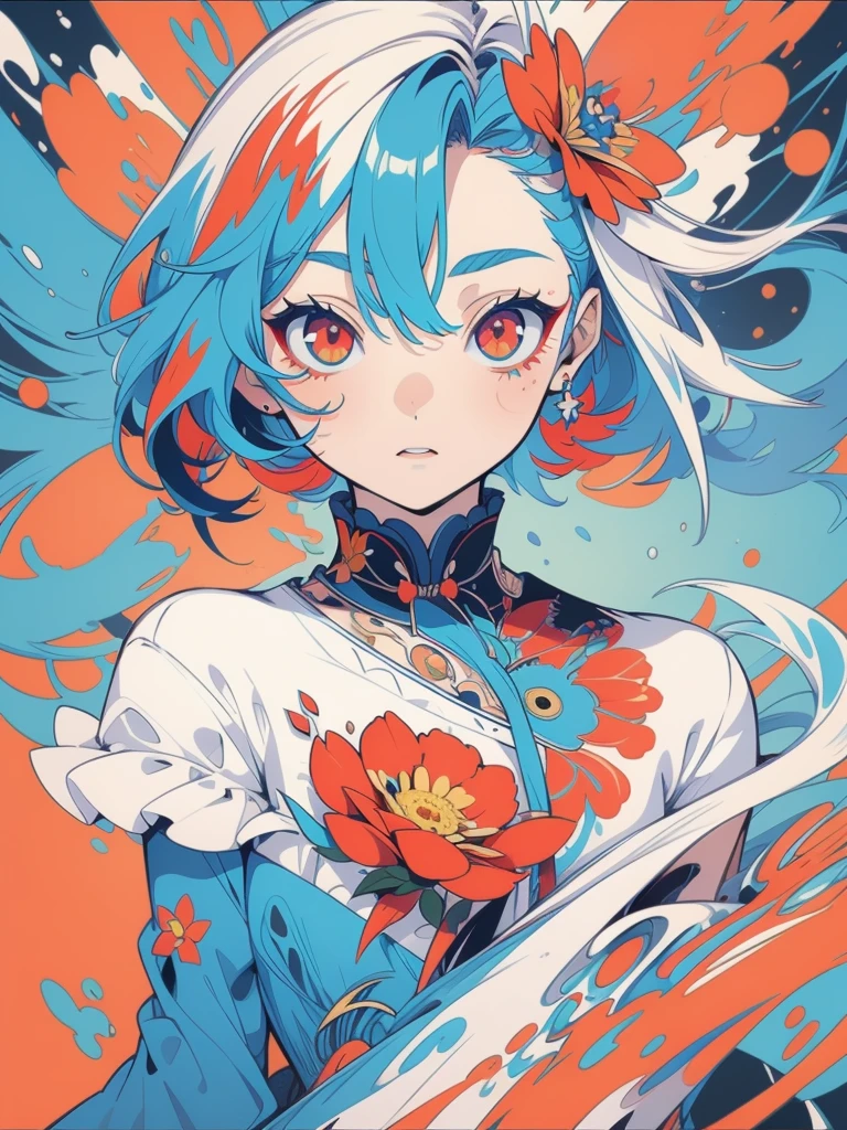 (Masterpiece, Best Quality, Top Quality, Official Art, Beautiful and Aesthetic: 1.2), Only 1 girl, Upper Body, Cat and Red Eyes, blue hair, Extreme Detail, Maximum Detail, Optical Mixing, Playful and colorful Pattern, Hundred Flowers, Paint flow, vibrant textures, unique visual effects.