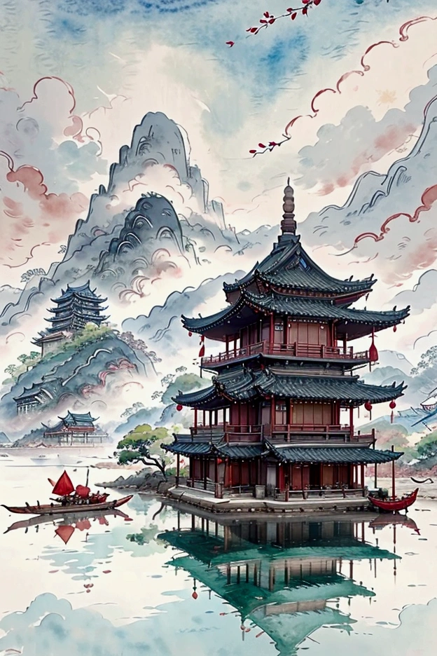 Mountain painting with a pagoda on a small island, chinese watercolor style, chinese painting style, digital painting of a pagoda, Chinese landscape, traditional Chinese watercolor painting, chinese paintings, Japan Art Style, High detail watercolor 8K, highly detailed water colour 8 k, detailed painting 4 k,