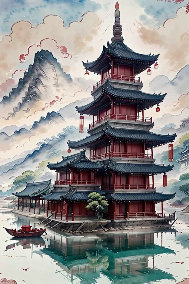 mountain painting with a pagoda on a small island, chinese watercolor style, chinese painting style, digital painting of a pagod...