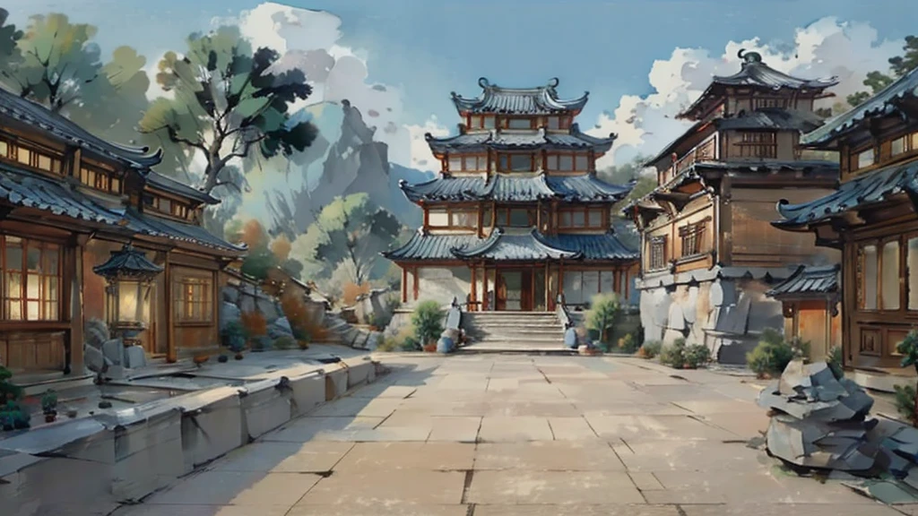 中国Ink画,  masterpiece , best quality, Ink画，Guo Chao，Ink，（Xianxia scene，Fantasy fairyland scene，Pavilions，architecture具有东南亚特色，cloud雾缭绕：1.5），outdoor，Sky，daytime，cloud，Tree，Blue sky，nobody，window，plant，architecture，landscape，lantern，stairs，Potted plants，architecture，东亚architecture，landscape