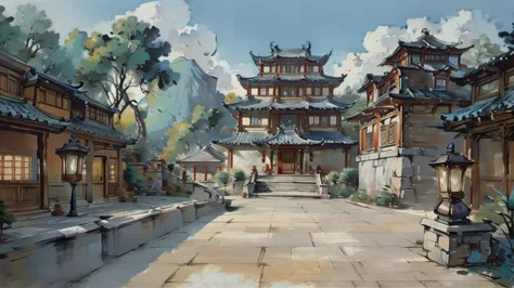 中国ink画,  masterpiece , best quality, ink画，guo chao，ink，（xianxia scene，fantasy fairyland scene，pavilions，architecture具有东南亚特色，clou...