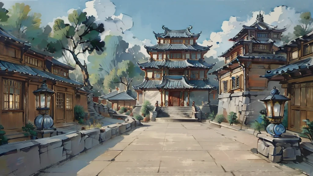 中国Ink画,  masterpiece , best quality, Ink画，Guo Chao，Ink，（Xianxia scene，Fantasy fairyland scene，Pavilions，architecture具有东南亚特色，cloud雾缭绕：1.5），outdoor，Sky，daytime，cloud，Tree，Blue sky，nobody，window，plant，architecture，landscape，lantern，stairs，Potted plants，architecture，东亚architecture，landscape