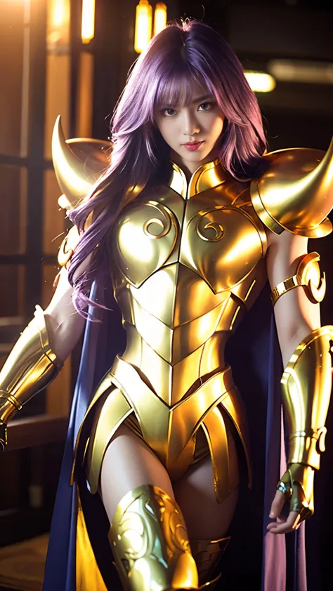 ultra-high saturation（tmasterpiece）， fully body photo，（best qualtiy）， （1girll），purple hair,  wearing shiny gold armor， sexy ling...