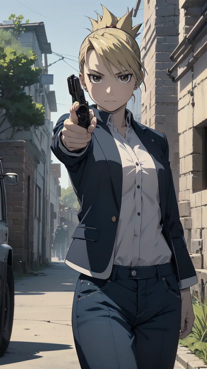 masterpiece, highest quality, High resolution, One girl, Hamriz, Folded ponytail, Brown eyes, Medium chest, uniform, Blue jacket, Blue pants, Are standing, Cowboy Shot, Outdoor, View your viewers,Holding a gun, Pistol Browning M1910, ((Grab a gun)), masterpiece, Detailed Shadows, Detailed light, Very detailed,((Pointing a gun at the viewer)),Possession of a gun, 