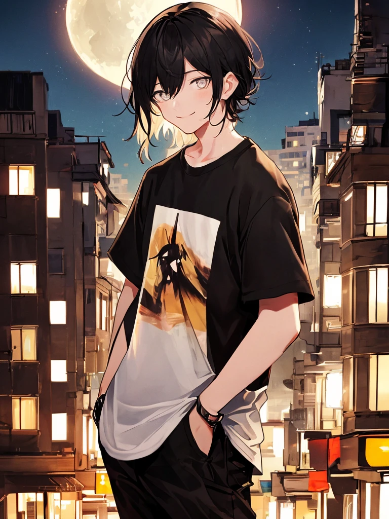 ((highest quallity, work of art, 4K, finely detailled, detailedeyes, face detailed, gelbooru, pixiv)), warm lighting, ((standing alone)), 1 men, bonitas, masculine, adult man, broadshouldered, close do rosto, ((black hair with white streak in the bangs), portraite, seducing smile. looking ahead at viewer, ((lazy eyes, half covered, white eyes with white pupils)), wearing modern clothes, a black t-shirt with a moon design, black zaquets, standing, hands in pockets, ((black hair with white streak in the bangs, shorth hair, shaggy hairstyle, Messy hair)), city background