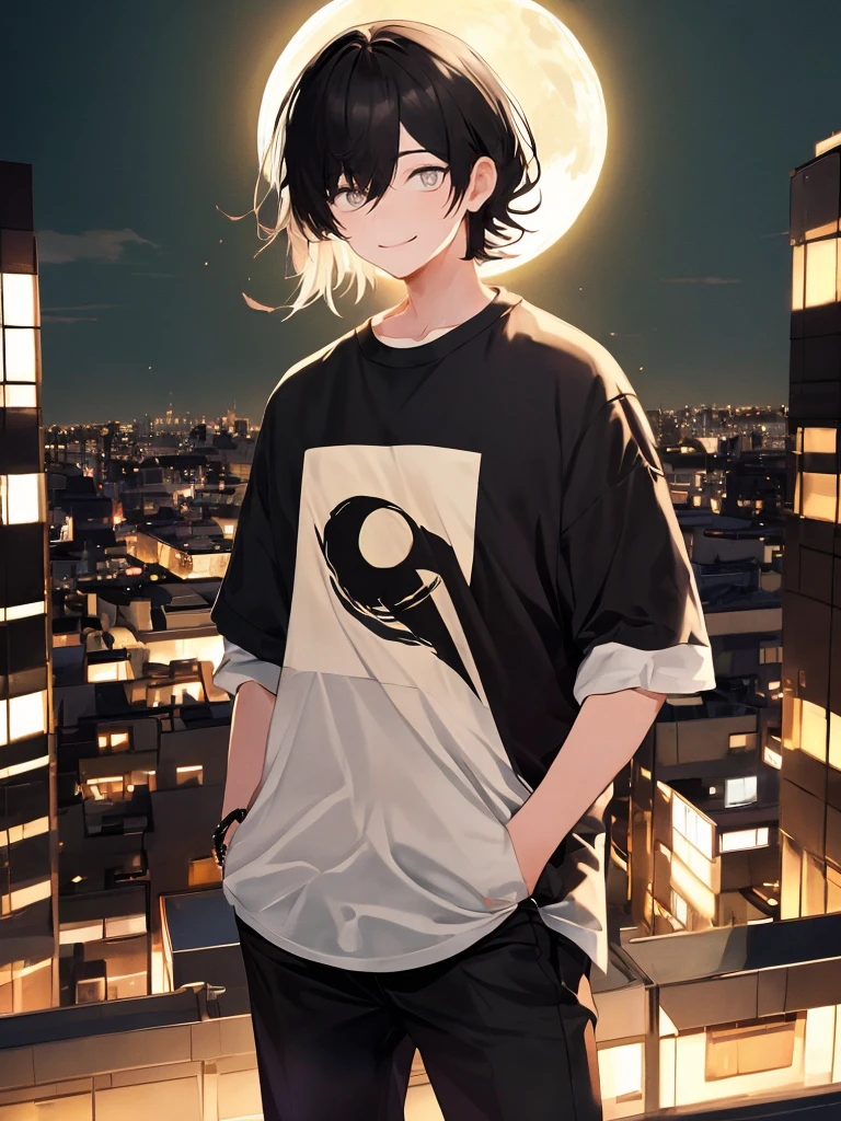 ((highest quallity, work of art, 4K, finely detailled, detailedeyes, face detailed, gelbooru, pixiv)), warm lighting, ((standing alone)), 1 men, bonitas, masculine, adult man, broadshouldered, close do rosto, ((black hair with white streak in the bangs), portraite, seducing smile. looking ahead at viewer, ((lazy eyes, half covered, white eyes with white pupils)), wearing modern clothes, a black t-shirt with a moon design, black zaquets, standing, hands in pockets, ((black hair with white streak in the bangs, shorth hair, shaggy hairstyle, Messy hair)), city background