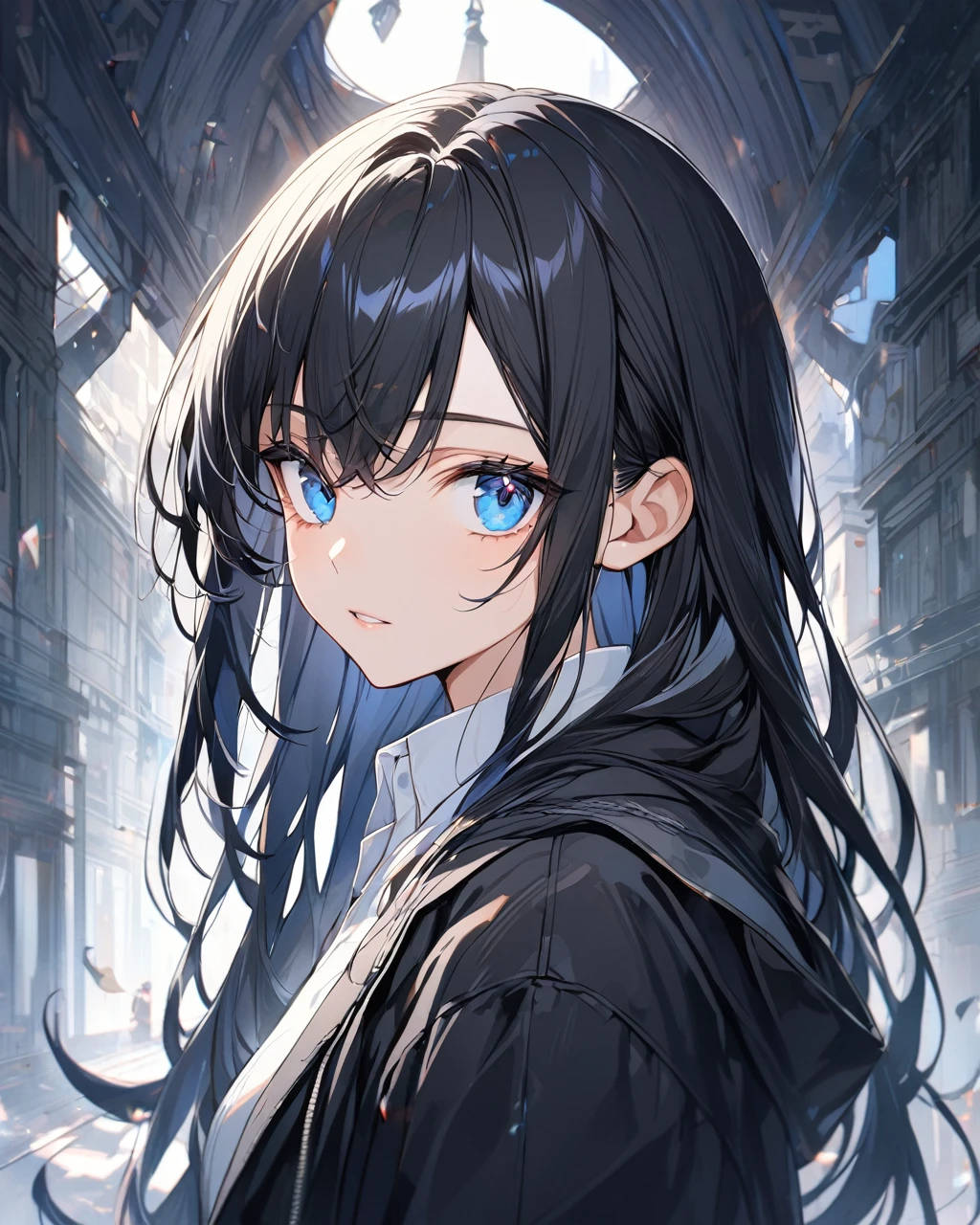 1 female, black hair, Long hair, blue eyes, face of 3/4, White shirt, black jacket, looking at the viewer, foreground