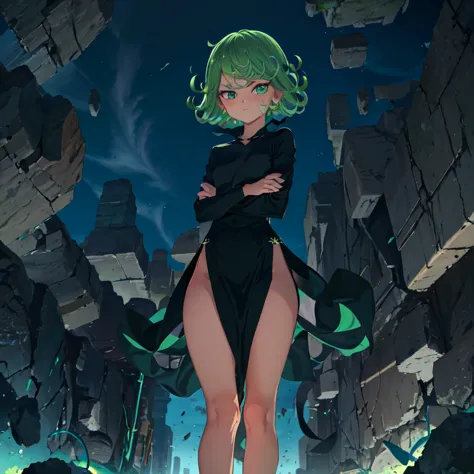 masterpiece, best quality, ultra-detailed, illustration, epic lighting, cinematic composition, 1girl, tatsumaki, flat chest, bla...