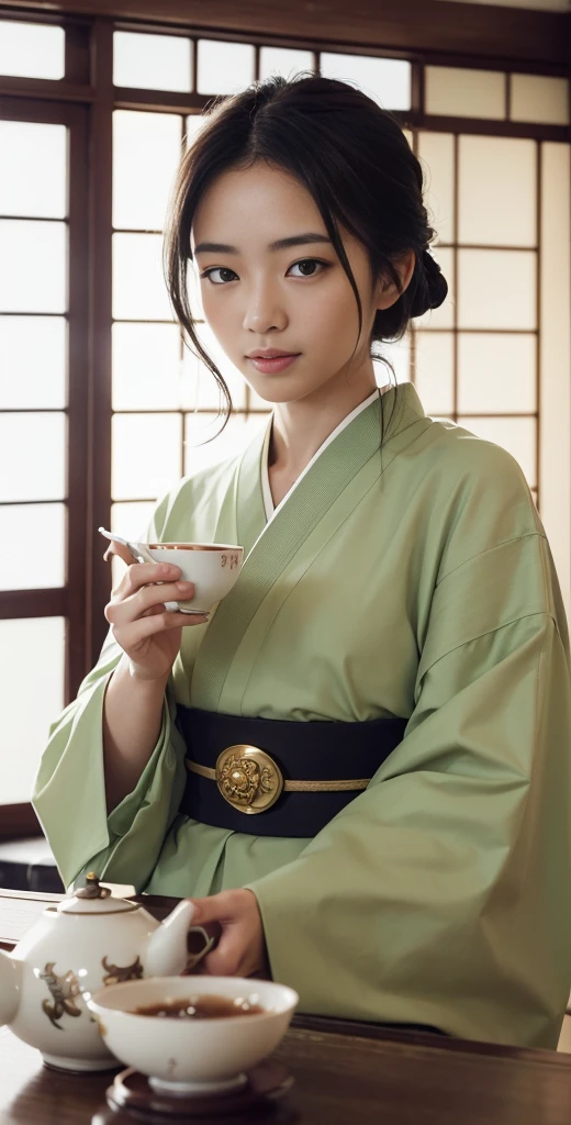 (8k, Highest quality, Super detailed:1.37), (eric), 18-year-old, (Japanese tea ceremony enthusiast), Enjoy a traditional tea ceremony in an elegant teahouse. she is wearing a beautiful kimono, Show your appreciation for Japanese culture. 高解像度の画像はSuper detailedなリアリズムを捉えます, emphasizing eric's captivating eyes, Perfect Skin, A calm expression on her face as she enjoys tea. A carefully crafted tea room, Exquisite details and a serene atmosphere, Adds more authenticity to the scene, showcasing eric's passion for the art of tea.