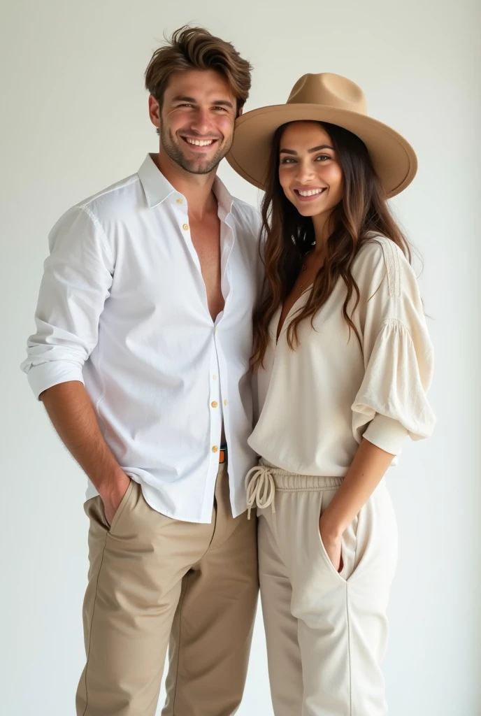 20 years old a handsome guy wore white shirt and hammer pant and his girlfriend wore plain Co-ord Set and a cute hat front photo 