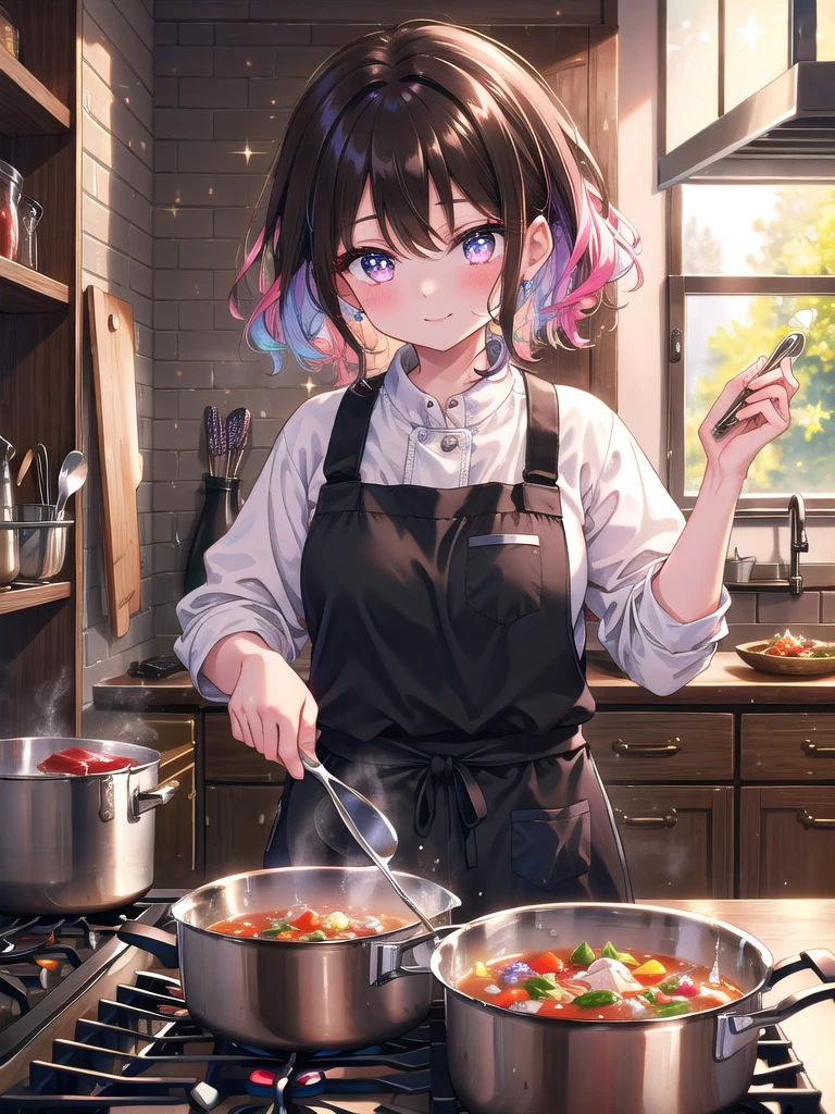 ((8k, Highest quality, masterpiece: 1.3)),Ultra-high resolution,(1 girl, alone), (Color changing eyes, Ultra-detailed, Expressive brilliance, Glitter, Glowing Eyes), Highly detailed eyes, Highly detailed face, Random Hair, ((pastel colour))A young girl with short, curly black hair stands at the stove, stirring a pot of soup. She’s wearing a colorful apron over her clothes, her expression one of focused determination as she carefully adds seasoning. Her brown eyes are sharp and intent, but she occasionally glances at the camera with a proud, satisfied smile, showing her confidence in her cooking skills. The kitchen is warm and inviting, with the aroma of simmering food filling the air. The countertop is cluttered with ingredients, and a pot of water is boiling on the stove, adding to the busy, homey atmosphere.