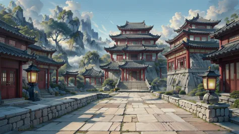 中国ink画,  masterpiece , best quality, ink画，guo chao，ink，（xianxia scene，fantasy fairyland scene，pavilions，architecture具有东南亚特色，clou...