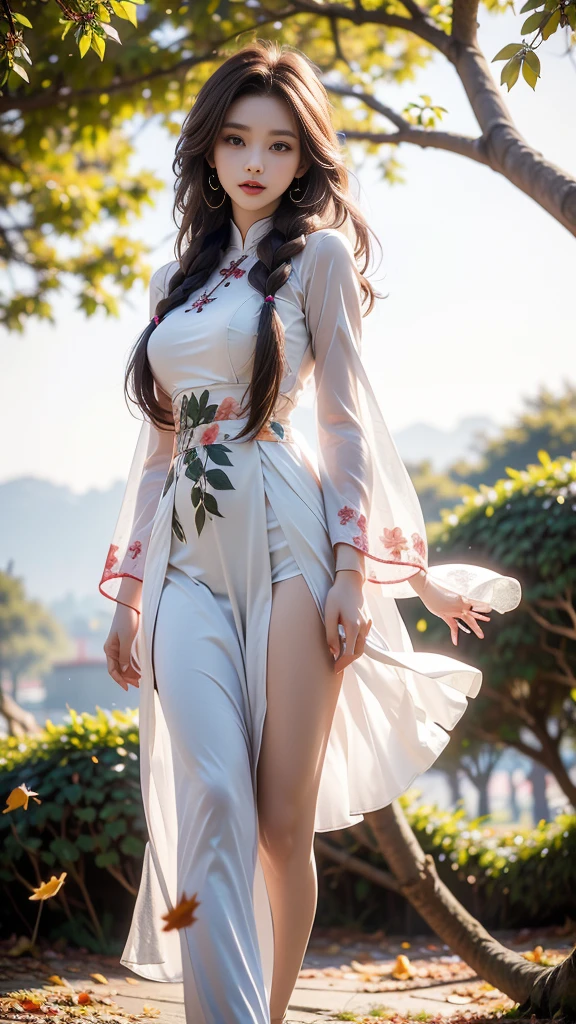 ulzzang-6500-v1.1, (RAW photo: 1.2), (Real photo), (Real photo: 1.4), 1 girl、Perfect anatomy、1 , Looking at the camera、Medium length hair、side braid, Vietnamese ao dai, walking under a tree with many fallen leaves, in the sunset, ((under a tree with many fallen leaves: 1.1))、(Business service)、Asian eyes Ella,