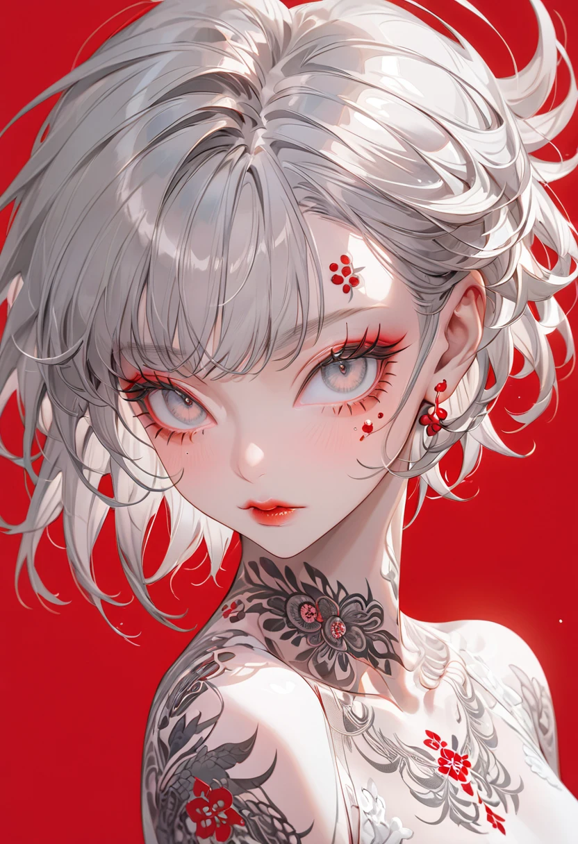 Crimson Background、(Highest quality,Very detailed,High resolution:1.2),Slim albino girl，Gray-haired berry shorthair,gray bangs，very_Long eyelashes, Detailed lips, Cool look, Soft Skin, Shiny Hair,Exquisite makeup，Neck tattoo，Shot from above，Posing