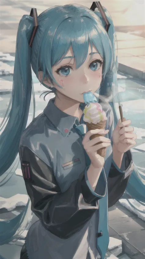 deep throat, eating ice cream,  dirt on face, hatsune miku, smoking ice cream,  (8k, raw photos, highest quality, ultra-high res...