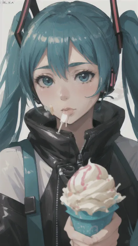 deep throat, eating ice cream,  dirt on face, hatsune miku, smoking ice cream,  (8k, raw photos, highest quality, ultra-high res...