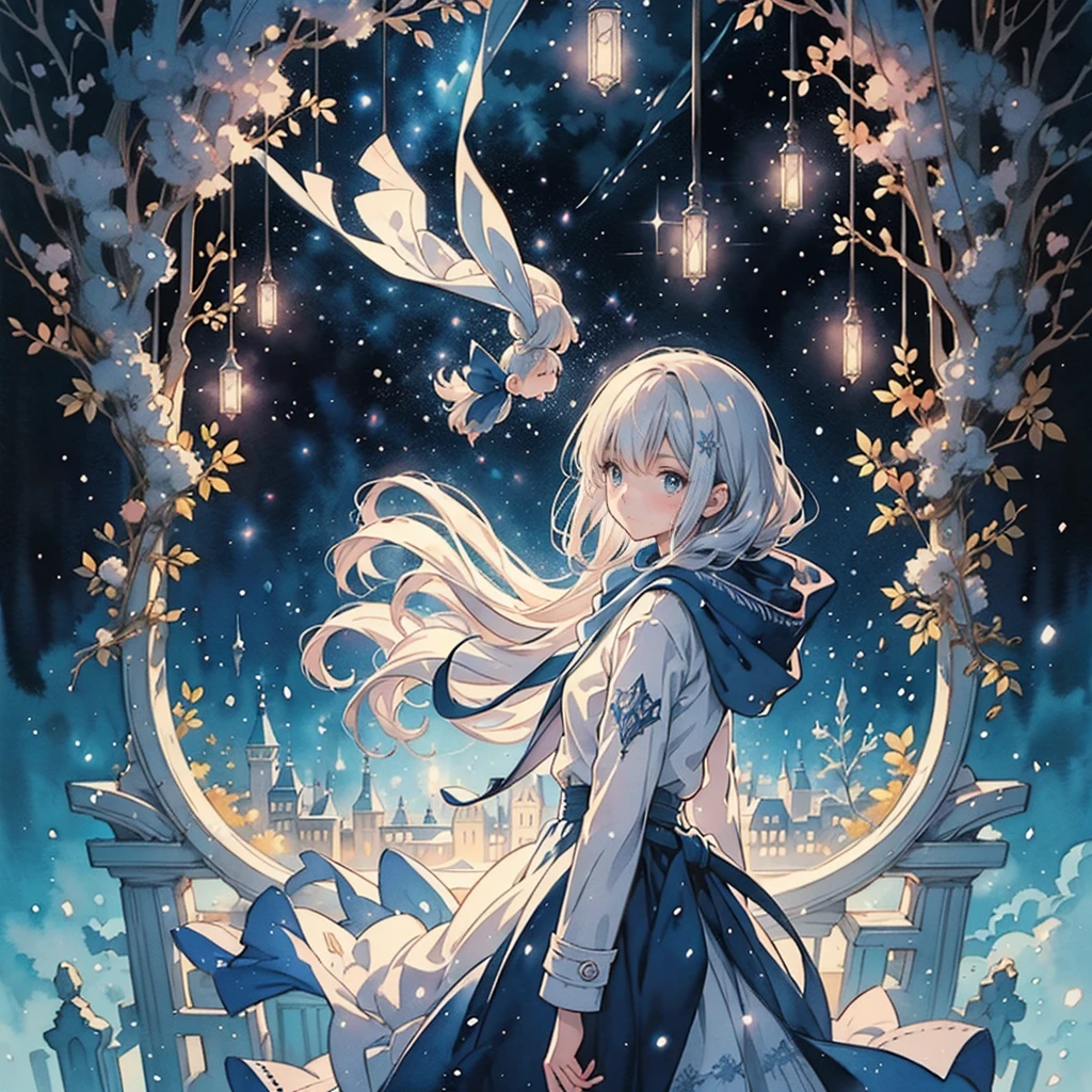 Beautiful girl in a white scarf wearing a dark blue duffel coat, watercolor illustration, gray bob hair, shining hair, falling snow, beautiful digital illustration, fantasy background, beautiful, masterpiece, highest quality, anime Disney style, (detailed eyes) , golden ratio, perfect composition