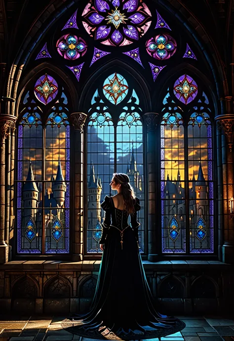 1girl, fantasy medieval castle, dark fairytale, demonic fairy, dark magic, ornate gothic architecture, ornate stained glass wind...