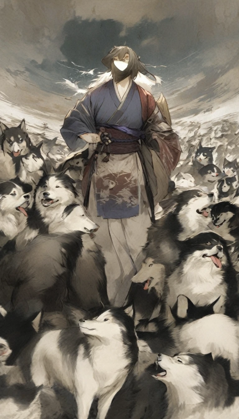 The shogun spending time with dogs. His face is centered and large, showing a troubled expression as he is surrounded by dogs. The background subtly depicts the scenery of the Edo period.