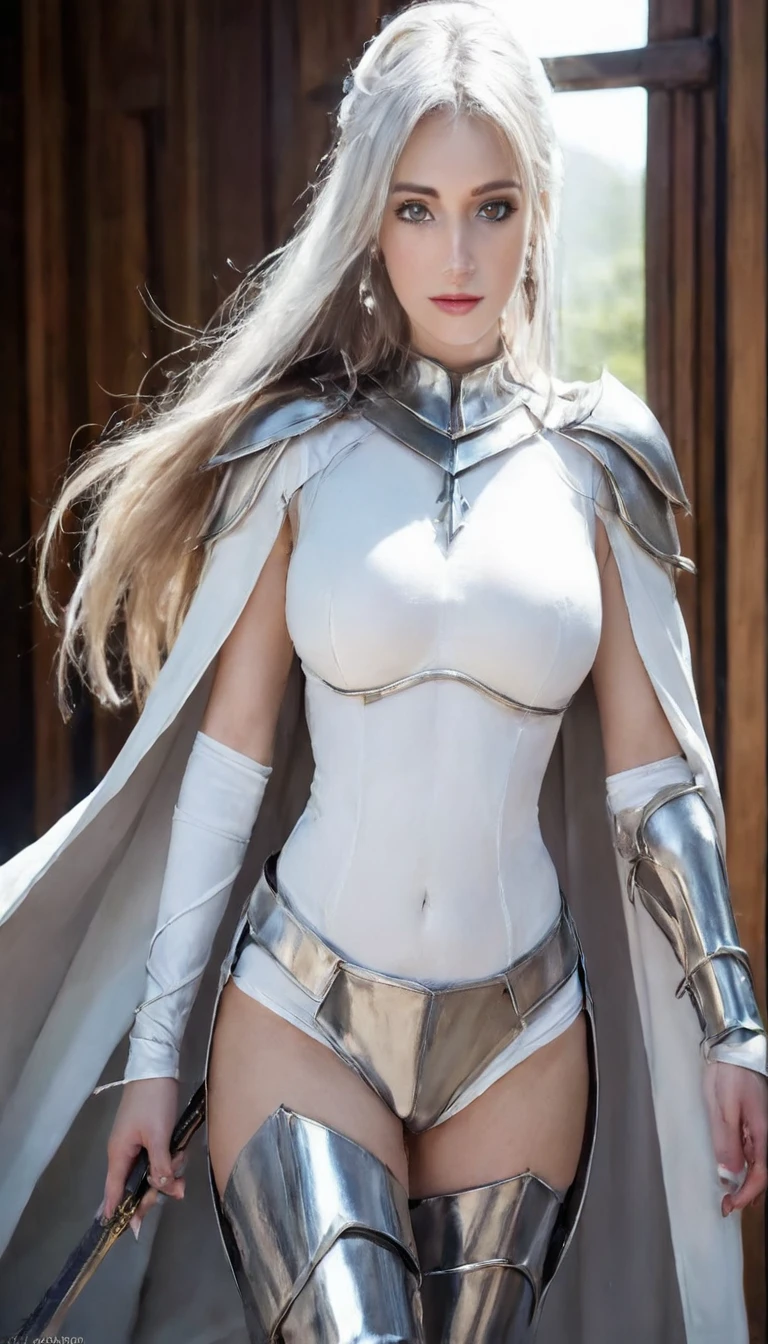 extremely beautiful ocidental woman, subtle makeup, golden hour, photorealistic, high contrast, 8k HD, detailed, hyper-detailed, realistic skin texture, long bronw hair, big breast, best quality, ultra high res, raw photo, dramatic lighting, unreal engine, diffuse glow  intricate silver eaba, white imperial cape, spear, sword, no helm. Over the knee high boots, high heels, white colors. Imagem full body