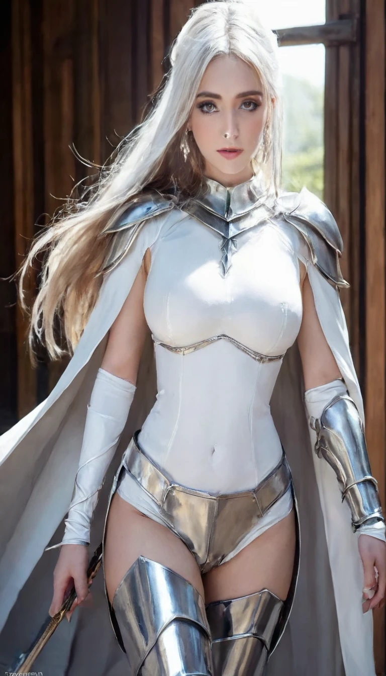 extremely beautiful ocidental woman, subtle makeup, golden hour, photorealistic, high contrast, 8k HD, detailed, hyper-detailed, realistic skin texture, long bronw hair, big breast, best quality, ultra high res, raw photo, dramatic lighting, unreal engine, diffuse glow  intricate silver eaba, white imperial cape, spear, sword, no helm. Over the knee high boots, high heels, white colors. Imagem full body