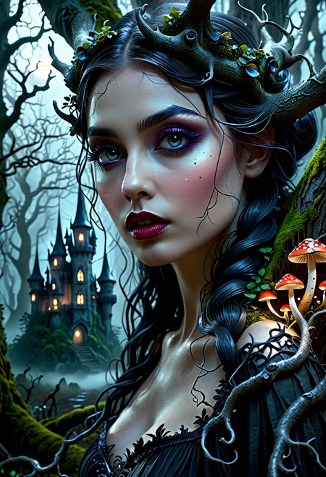 a dark fairy tale fantasy landscape, a deep mysterious forest, dark enchanted forest, sinister gothic castle, gnarled twisted tr...