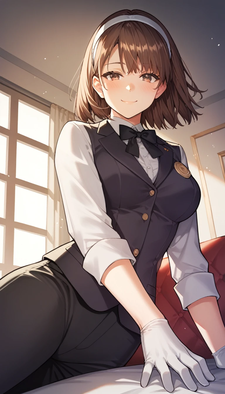 score_9, score_8_up, score_7_up, source_anime, best quality, amazing quality, very aesthetic, 1girl, brown  eyes, room, wariza, medium hair, Choppy Bob haircuts, dark brown hair, portrait, blazer, starshadowmagician, solo, Adult woman, best perfect anatomy, thin, curvy body, medium breasts, close up shot on person, a woman showing happy, smile, blush, super low angle from below, Shooting from the side, looking at viewer, (lying down, hand between her legs), mature woman laying prone on sofa, cat ear headband, white shirt, black tie, format black vest, Long-sleeved shirt, white format gloves, black trousers, dynamic angle. perfect dynamic composition, foreshortening, night days, volumetric lighting, dark hotel sitting room background,