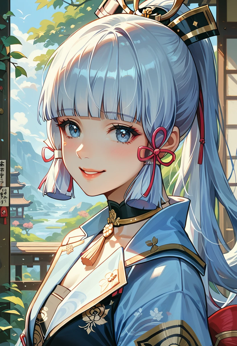 (masterpiece), (Best quality), (Ultra detailed),(wild hair),(illustration), (1 girl), standing, smiling, beautiful detailed eyes, light blue eyes, Detailed beautiful face, (Kamisato Ayaka: 1.2), Focus on the face,  Ponytail, Kamisato Ayaka(Genshin&#39;s influence), Light blue hair, Detailed hair, bang, Better lighting, best shadow, very detailed, Bright