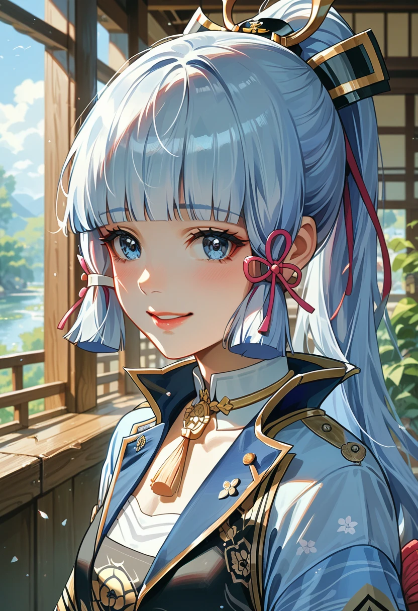 (masterpiece), (Best quality), (Ultra detailed),(wild hair),(illustration), (1 girl), standing, smiling, beautiful detailed eyes, light blue eyes, Detailed beautiful face, (Kamisato Ayaka: 1.2), Focus on the face,  Ponytail, Kamisato Ayaka(Genshin&#39;s influence), Light blue hair, Detailed hair, bang, Better lighting, best shadow, very detailed, Bright