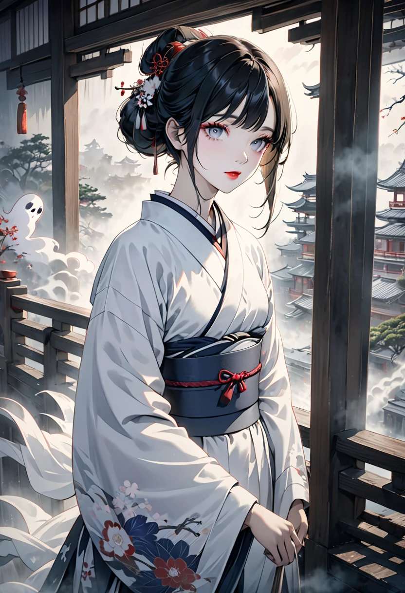 a ghostly japanese woman in a haunting traditional japanese painting, beautiful detailed eyes, beautiful detailed lips, extremely detailed face and skin, long eyelashes, traditional japanese clothing, ornate japanese architectural background, dark moody lighting, muted color palette, cinematic composition, atmospheric fog, dramatic lighting and shadows, masterpiece, best quality, 8k, highres, ultra-detailed, photo-realistic