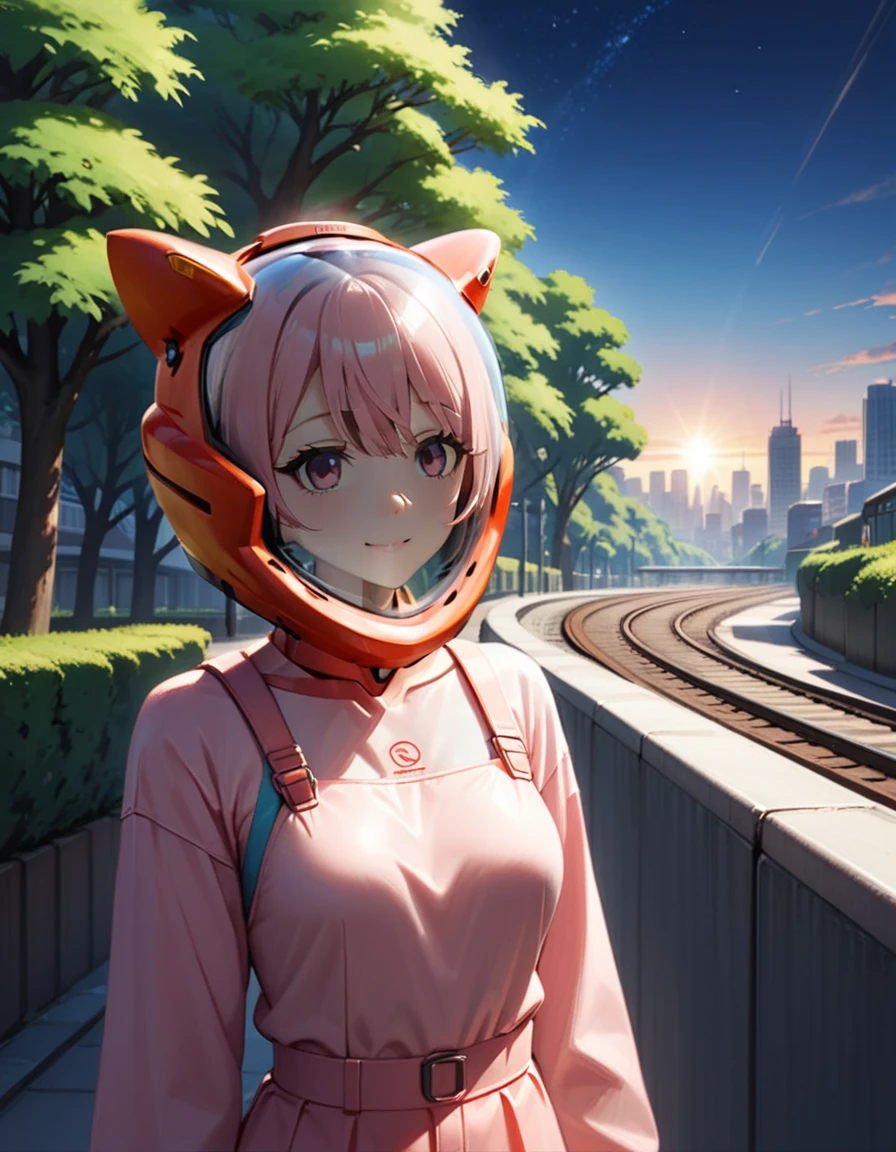 , space helmet ,girl s, 1girl,solo,smile,(short light pink hair:1.3),standing as a tram passes by in the background of a morning cityscape the tracks beside her, casting soft shadows in the soft morning light. The city should be waking up, with soft light illuminating the buildings, streets and trees. The overall mood should be calm and serene, capturing the peacefulness of the morning in a bustling city,, ,,red helmet, space helme, cat ears, red helmet,