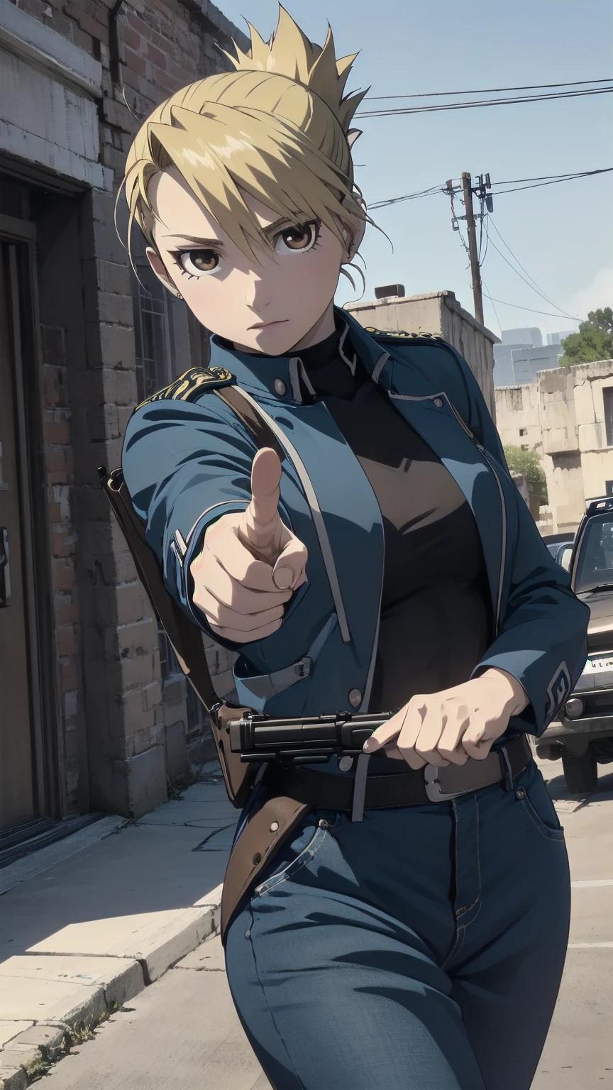 masterpiece, highest quality, High resolution, One girl, Hamriz, Folded ponytail, Brown eyes, Medium chest, uniform, Blue jacket, Blue pants, Are standing, Cowboy Shot, Outdoor, View your viewers,Holding a gun, Pistol Browning M1910, ((Grab a gun)), masterpiece, Detailed Shadows, Detailed light, Very detailed,((Pointing a gun at the viewer)),Possession of a gun, 