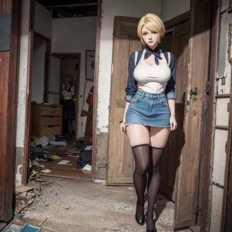 blonde short hair，large breasts，white vest，black tights，，denim skirt，ruined city，damaged clothes and pants，