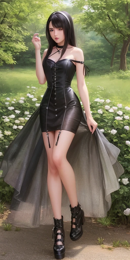 ((ultra detailed, masterpiece, best quality)) FF8Rinoa, 1girl, solo, single braid, blue eyes, black hair, white hairband, black choker, medium Breasts hanging, black corset strapless sexy, white sexy miniskirt, sexy long legs, black platform high heels wedges, full body shot