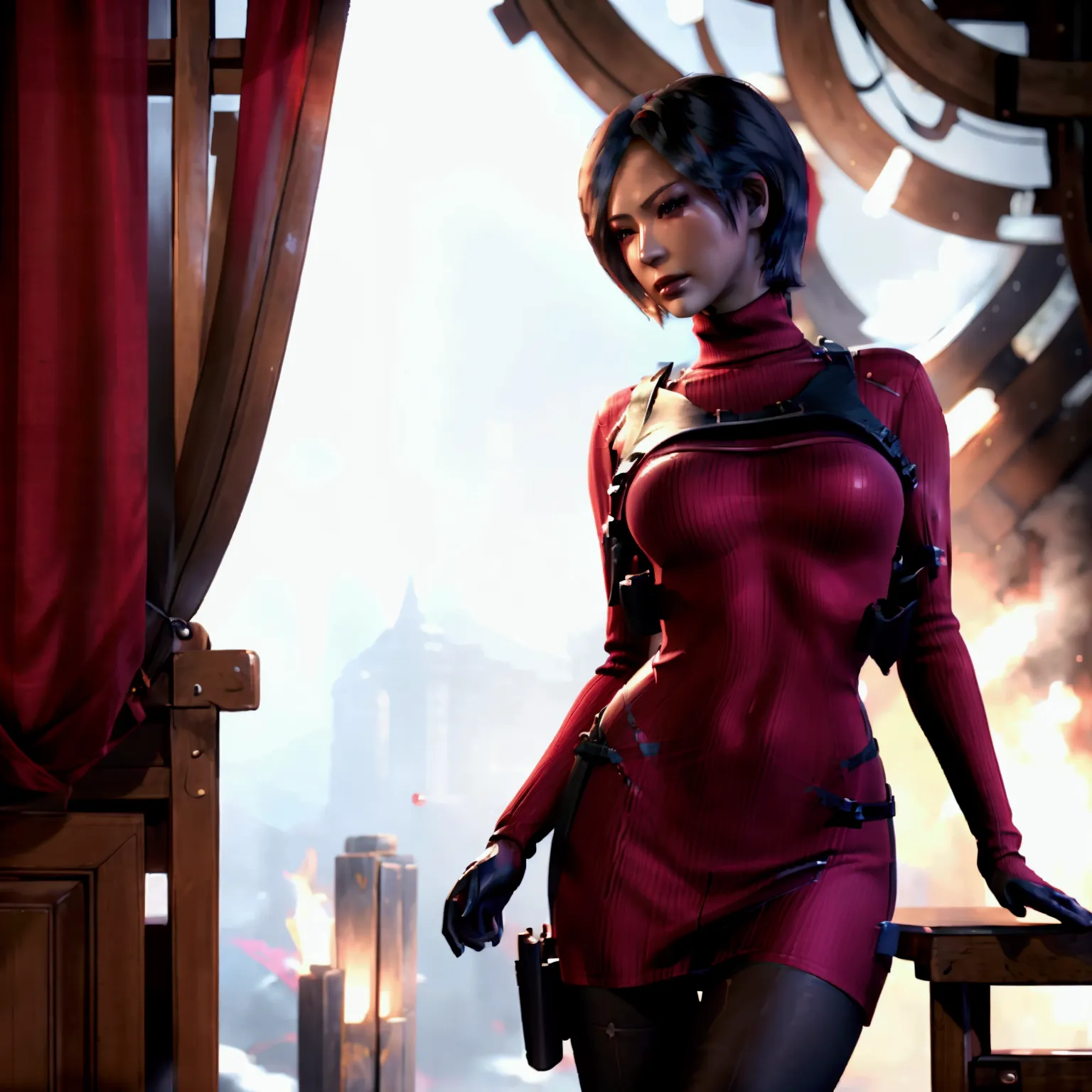 a realistic asian woman, sexy and beautiful, perky breasts, re4 ada wong, red short dress, pantyhose