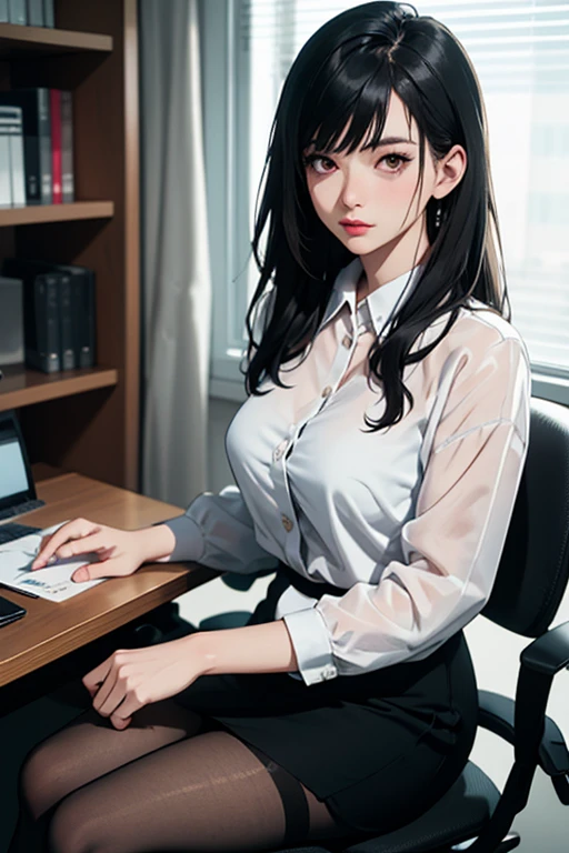 (masterpiece, Highest quality), Transparent white blouse and black office skirt、And a young black-haired office secretary wearing black pantyhose ,sitting in an office chair, Holding a pencil, (Detailed skin:1.3),(Detailed eyes), (Sharp focus),