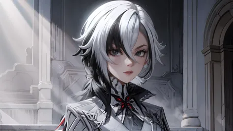 1 girl, one, white hair, black hair, multicolored hair, black eyes, x-shaped pupils, white arles_suit,  face concentrated