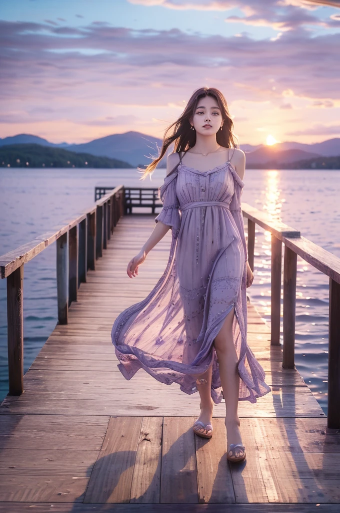 **A woman in a flowing purple dress** standing on a (wooden_pier:1.40) at sunset, with (calm_lake:1.35) reflecting the colors of the sky, (soft_wind:1.30) playing with her hair, (ultra_detailed:1.45).