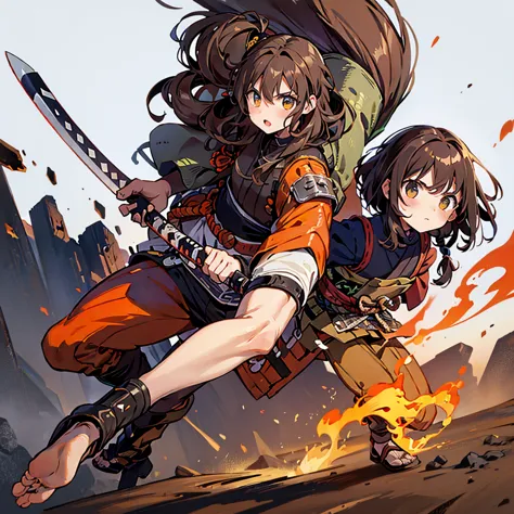 child, samurai, post-apocalyptic, brown hair, wavy hair, medium hair, hero face, armadura samurai de color naranja, (((whole bod...