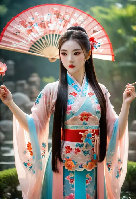 a chinese girl in a bikini combined with traditional peking opera costume, performing chinese opera, with light makeup, in a chi...