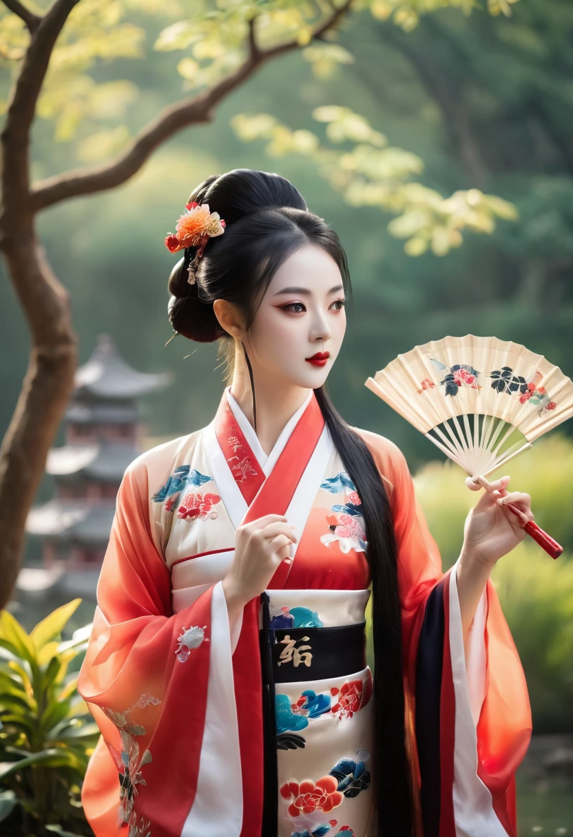 A Chinese girl in a bikini combined with traditional Peking Opera costume, performing Chinese opera, with light makeup, in a Chinese garden, holding a folding fan, shyly exploring the garden. Full-body shot."