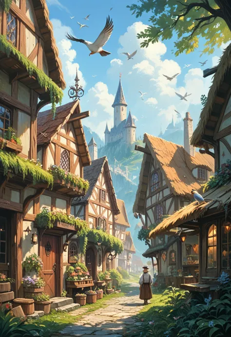 ((masterpiece)),((best quality)),((high detail)),((realistic,)) ((ultra detailed)) landscape of a small medieval town, cartoonis...