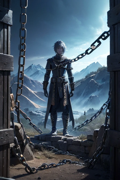 (chains:1.5), Chain world. A world made of chains. Chains are everywhere, humans bound in chains. chained like prisoners and slaves. Chains, magical metal golem with chains, created in a medieval city, in the Gothic style, chained blades, chained army, God of chains, chain of fate, a Giant bound it chains on the mountain side