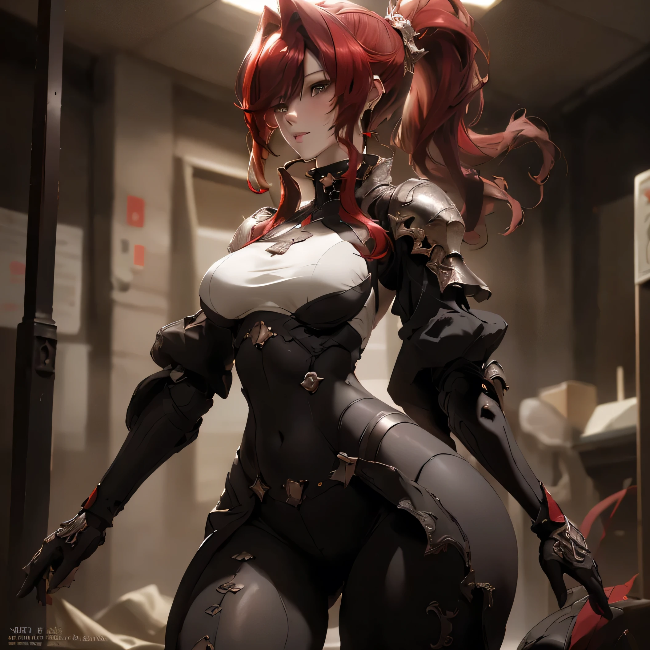 (best quality)), ((Masterpiece)), (details:1.4), 3d, HDR (high dynamic range), an image of a beautiful cyberpunk female, Red hair, High Ponytails, SLEEK Style, Red eyes, hips up, จมูกโด่ง, ปากแดง, หน้าอกใหญ่, nvidia RTX, PBR surface, After processing, Anisotropic filtration,depth of field, Maximum clarity and clarity, multi-layered surface, Subsurface scattering, perfect proportions, 8K raw files, ultra detailed, Perfect proportions, volumetric lighting, soft lighting, Holy Paladin, Heavy Armor, glossy skin, intricate silver embroidery, gorgeous, intricate grey background, strong back lighting, jewely, ต่างหู, นิ้วมือสมบูรณ์, กระโปรงสั้น