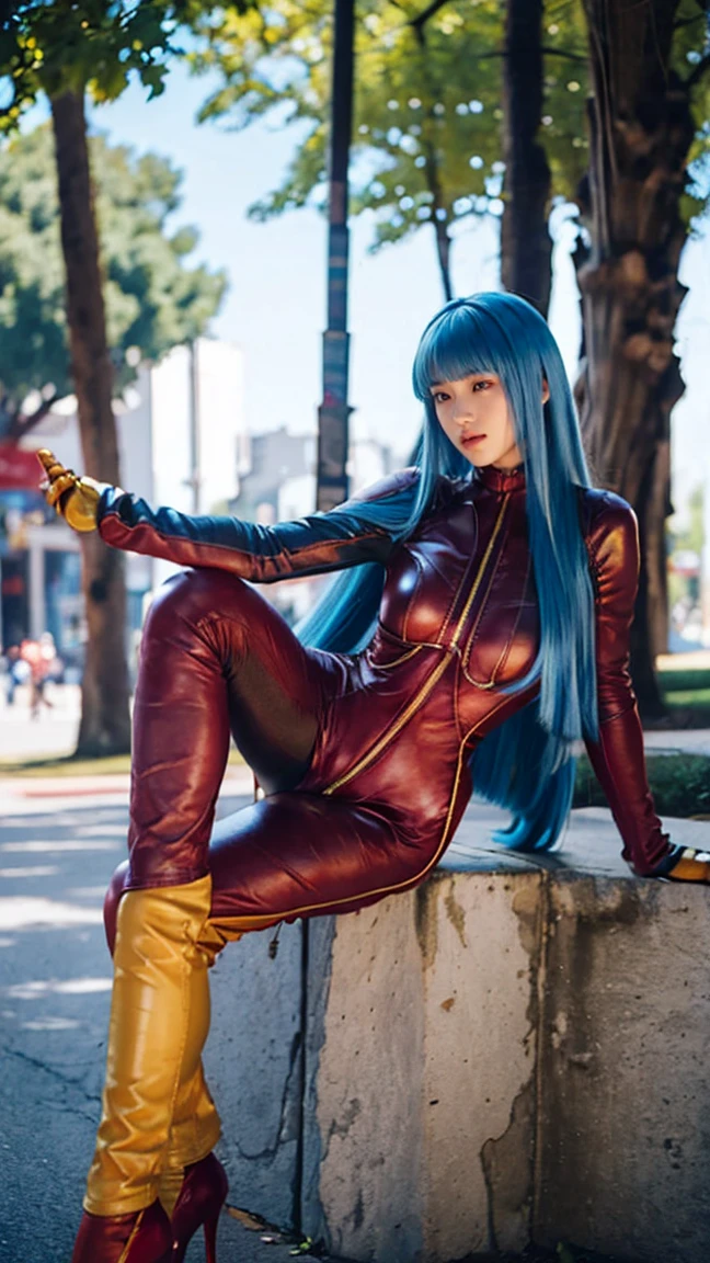 (masterpiece), best quality, expressive eyes, perfect face ((kof)), ((king of fighters)), ((kula diamond)), kula, ((long blue hair)), ((young girl)), yellow gloves, ((full maroon leather bodysuit)), ((zip red, maroon full bodysuit)), skintight, breasts exposed, red eyes, walking in park, belt, golden gloves, smile, golden shoes, ice magic, cutecute, feet, foot, legs full body